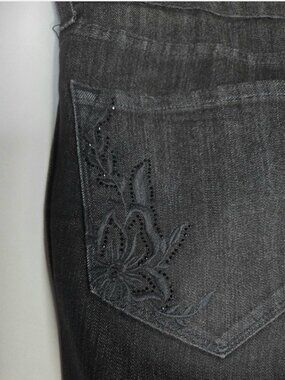 NYDJ Bootcut Black Denim Jeans Embroidered Pockets Size 14 Petite